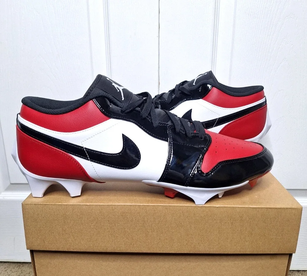 Jordan 1 Low TD Football Cleat Patent Bred Toe Red Black size 16 FJ6245-601